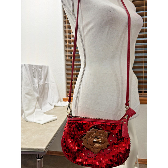 Sharif Red Purse Handbag Sequins Rose Top Chain Handle Cross Body Shoulder Strap - Picture 5 of 14